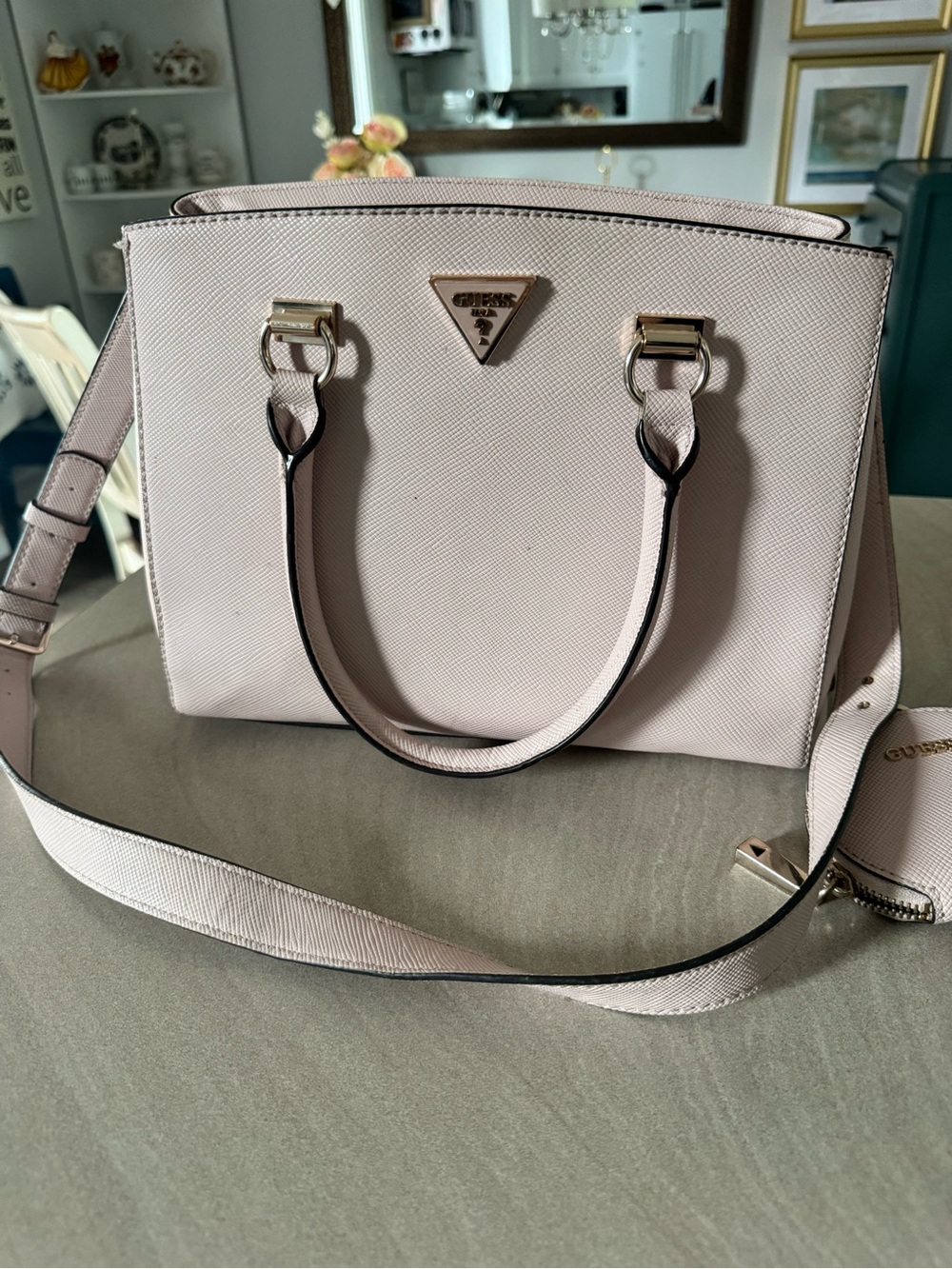 Guess Pale Pink Saffiano Top-Handle Satchel with Gold Hardware